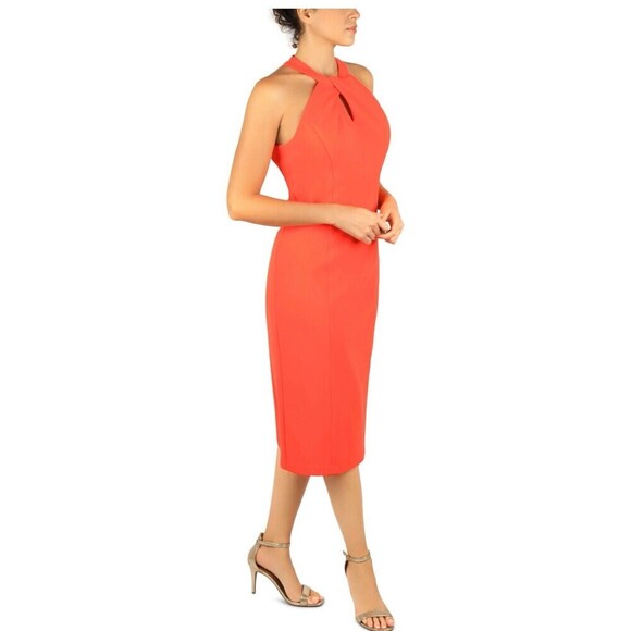 Julia Jordan Women's Knot-Neck Tulip Hem Midi Dress Size 8 Coral Pink Medium Top - Picture 1 of 9